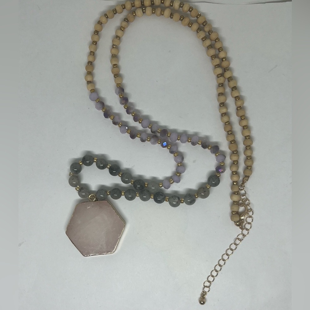 Rose Quartz Hexagon Pendant Beaded Stone Rhinestone Necklace Classic Retro Cool
